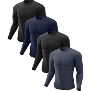 Men’s Thermal Shirt 1/2/4 Pcs Fleece Lined Long Sleeve Tops Athletic Base Layer Long John Shirts for Men(4# 2black/Blue/Charcoal)
