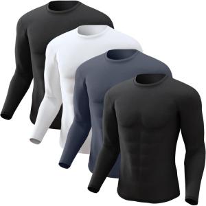 Men’s Thermal Shirt 1/2/4 Pcs Fleece Lined Long Sleeve Tops Athletic Base Layer Long John Shirts for Men(4# White/2black/Charcoal)