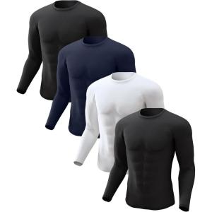 Men’s Thermal Shirt 1/2/4 Pcs Fleece Lined Long Sleeve Tops Athletic Base Layer Long John Shirts for Men(4#-black/Black/White/Blue)