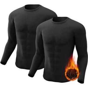 Men’s Thermal Shirt 1/2/4 Pcs Fleece Lined Long Sleeve Tops Athletic Base Layer Long John Shirts for Men(Heavyweight5#-black/Black)