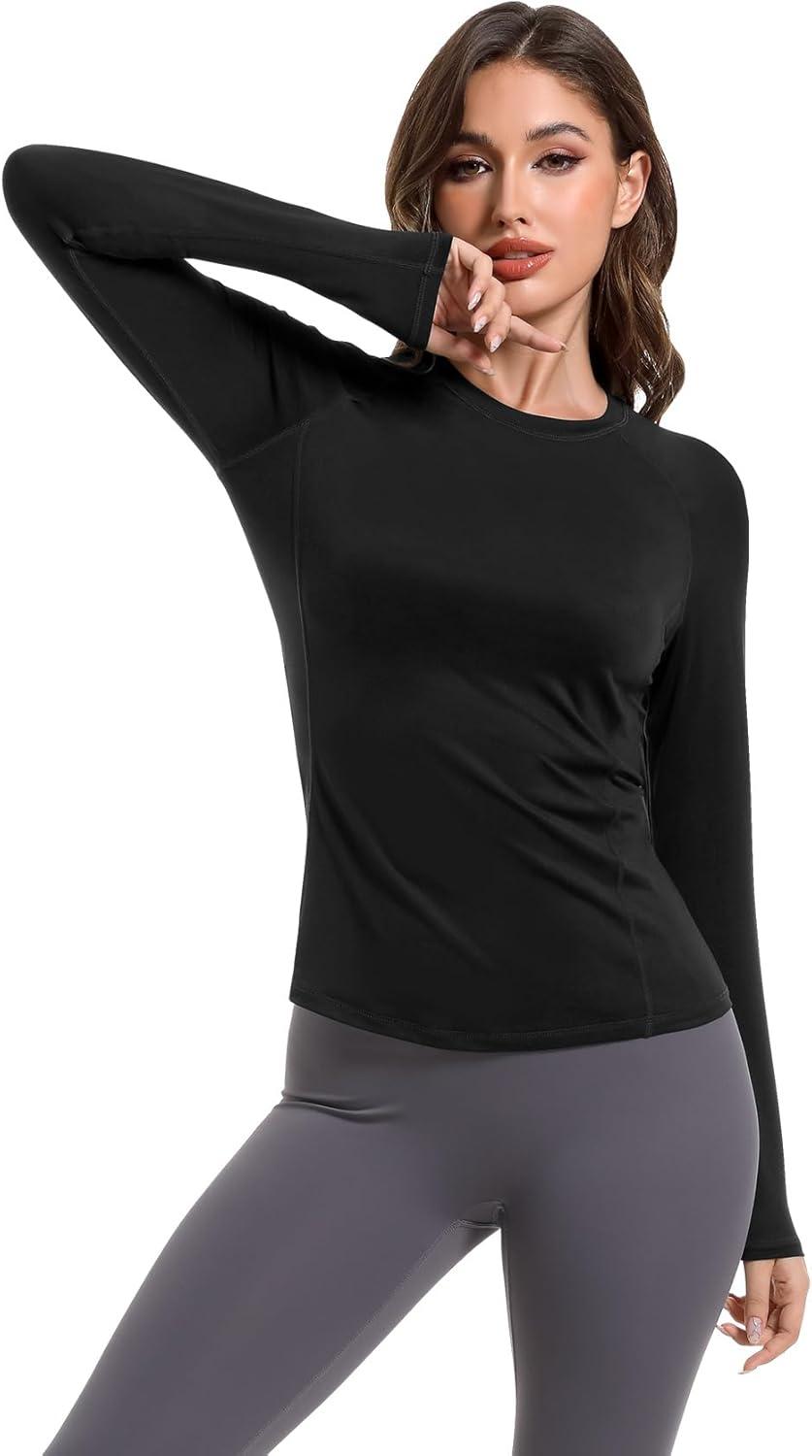 image4 Pack Womens Long Sleeve Compression Shirts Dry Fit Workout Athletic Sun Protection Cooling Tops for Yoga Running GymBblackHaze Blue