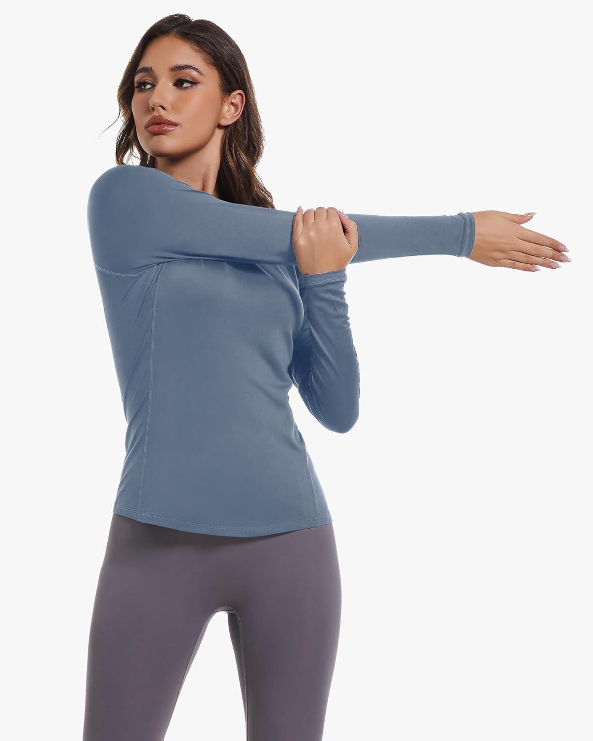 image4 Pack Womens Long Sleeve Compression Shirts Dry Fit Workout Athletic Sun Protection Cooling Tops for Yoga Running GymBblackHaze Blue