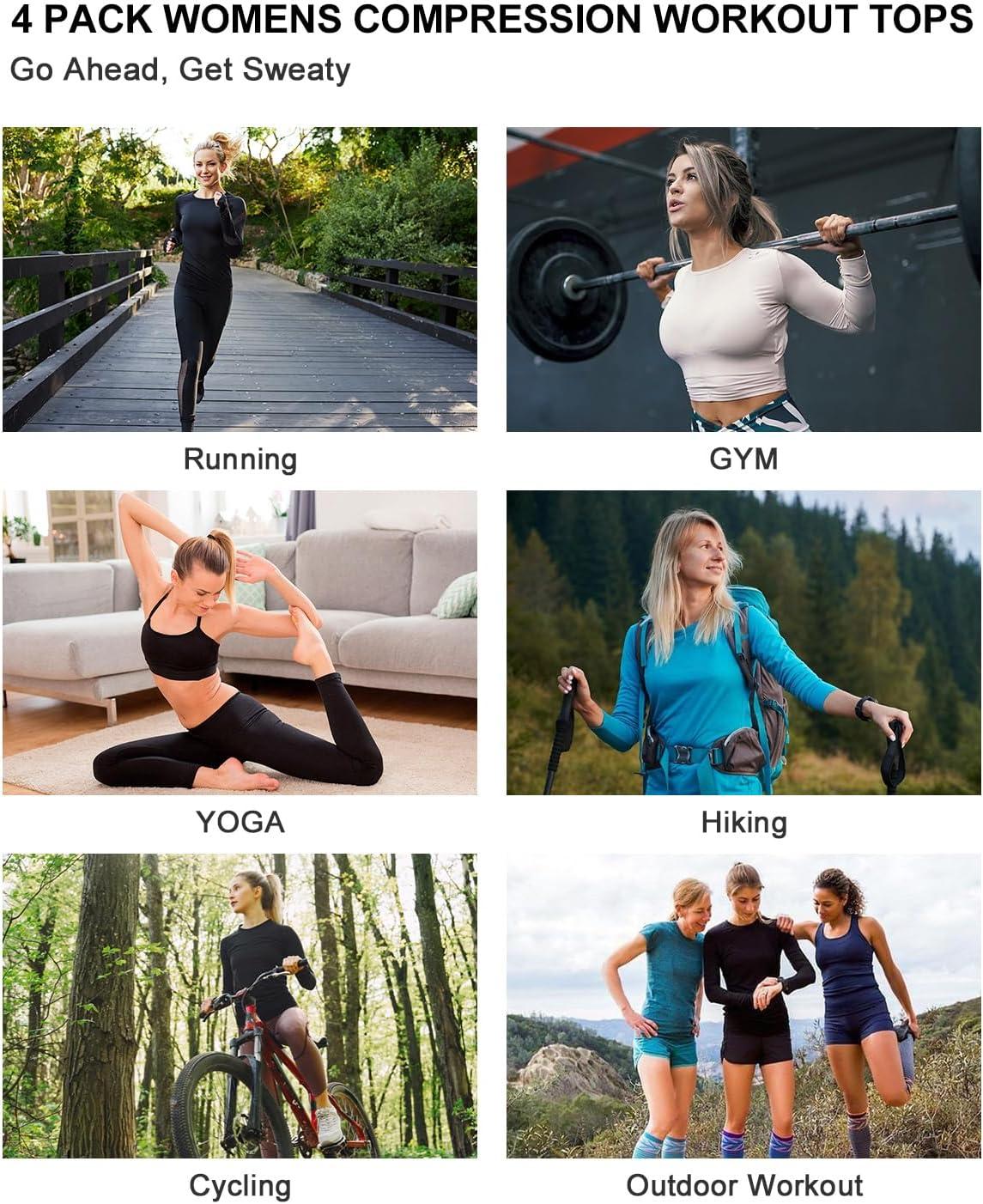 image4 Pack Womens Long Sleeve Compression Shirts Dry Fit Workout Athletic Sun Protection Cooling Tops for Yoga Running GymBblackHaze Blue