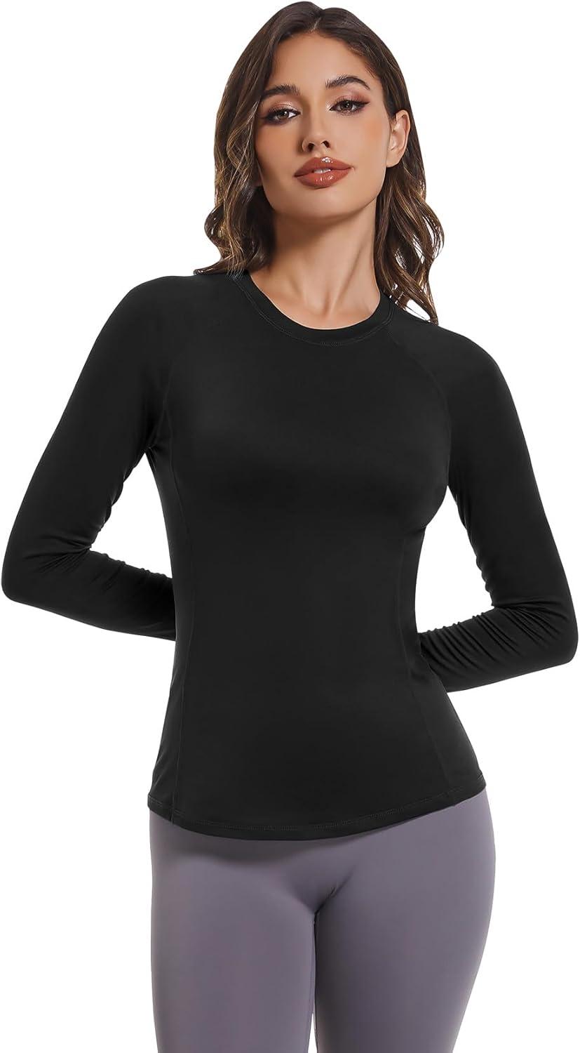 image4 Pack Womens Long Sleeve Compression Shirts Dry Fit Workout Athletic Sun Protection Cooling Tops for Yoga Running GymBblackHaze Blue