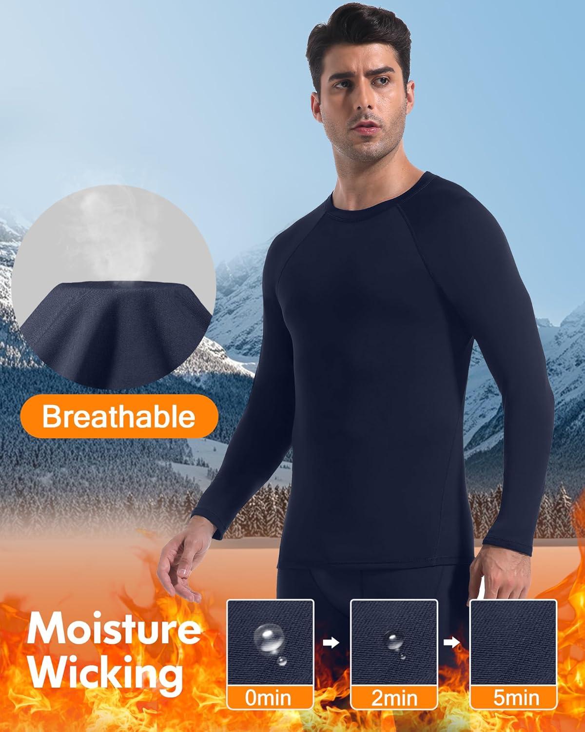image4 or 2 Pack Mens Thermal Shirt Long Sleeve Fleece Lined Tops Base Layer Compression Undershirt Athletic Sport GearCrew NeckblackBlue