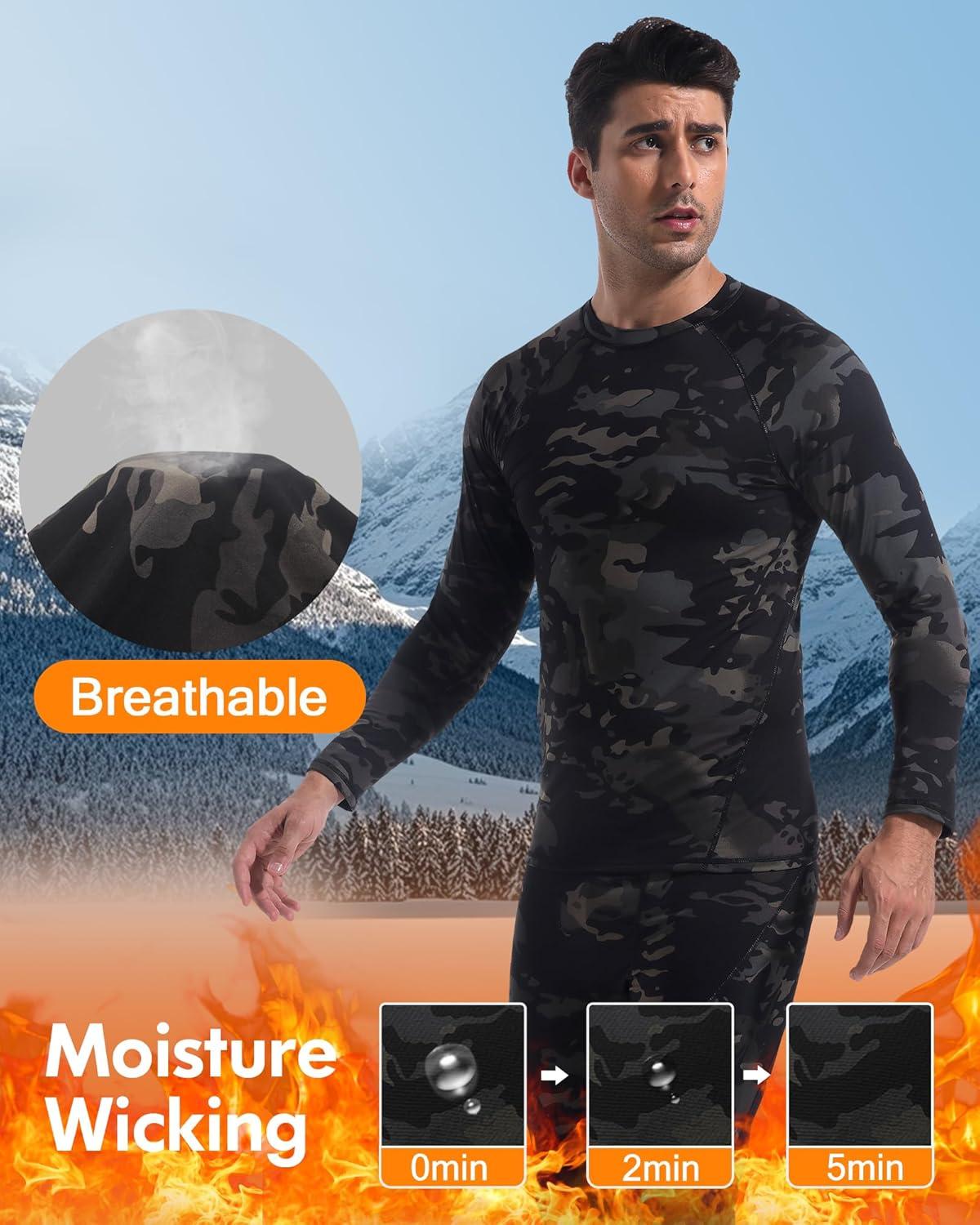 image4 or 2 Pack Mens Thermal Shirt Long Sleeve Fleece Lined Tops Base Layer Compression Undershirt Athletic Sport GearCrew NeckblackCamo Black