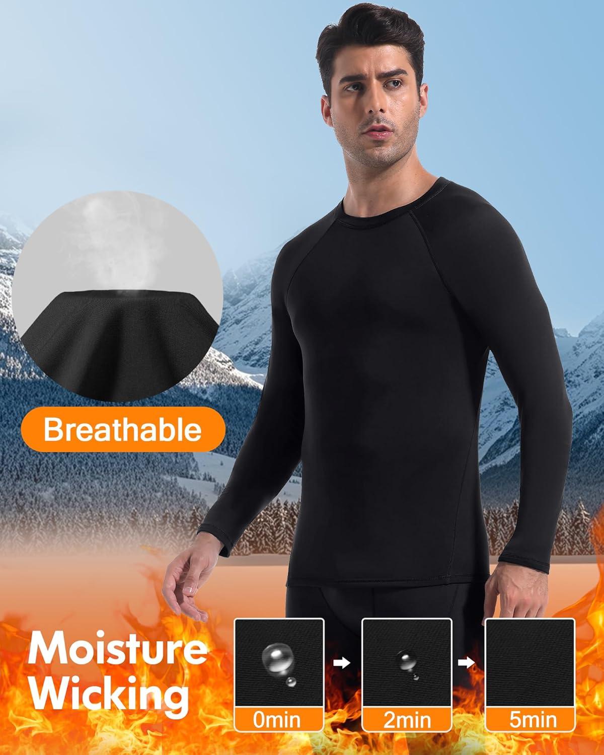 image4 or 2 Pack Mens Thermal Shirt Long Sleeve Fleece Lined Tops Base Layer Compression Undershirt Athletic Sport GearCrew NeckblackGrey