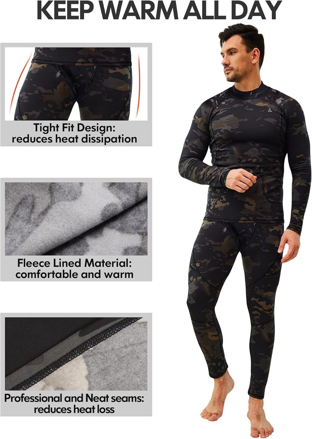 imageCL convallaria 2 Pack Mens Thermal Underwear Fleece Lined Long Johns Winter Base Layer Cold Weather Hunting GearBlack Camo Blackturtle Neck