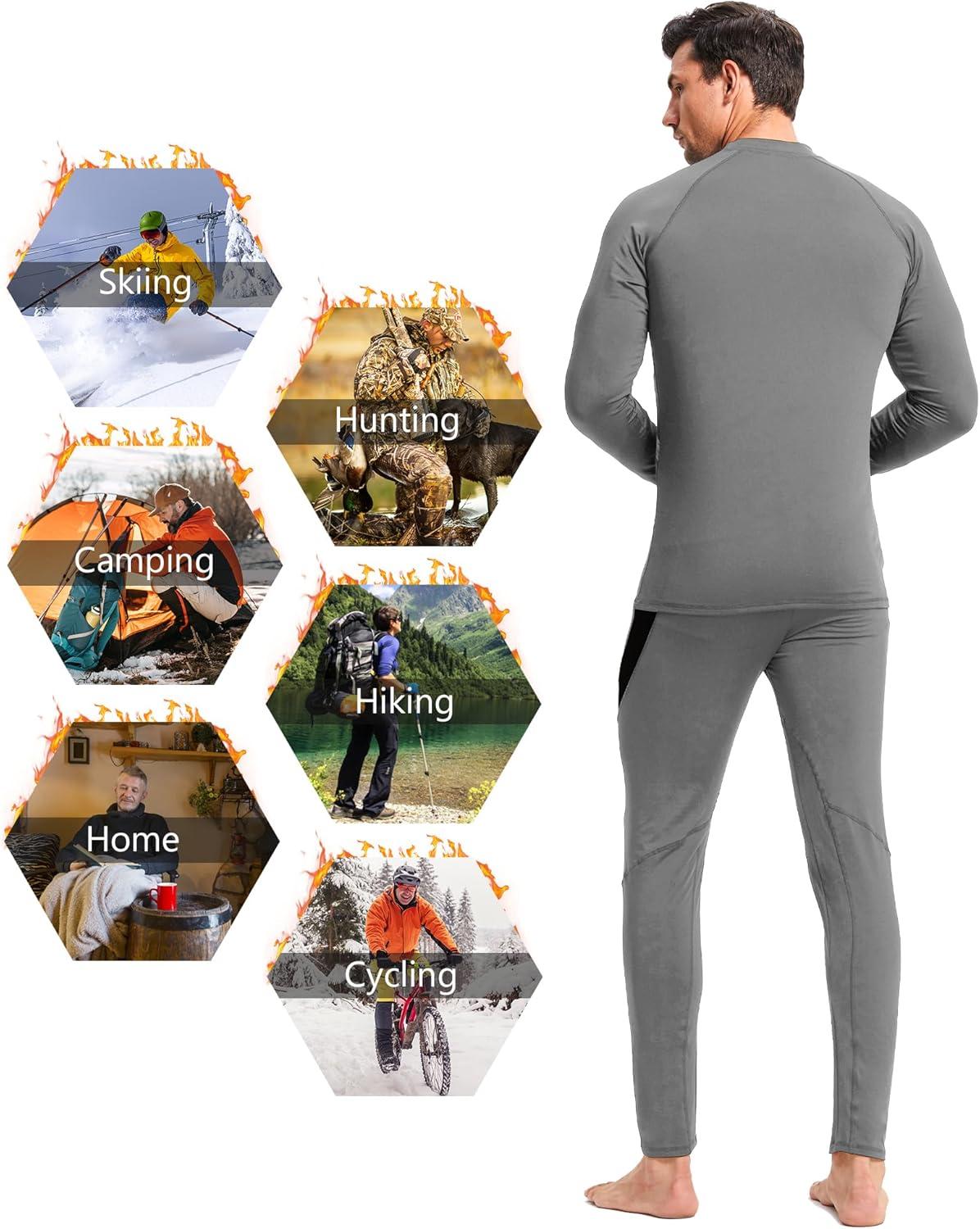 imageCL convallaria 2 Pack Mens Thermal Underwear Fleece Lined Long Johns Winter Base Layer Cold Weather Hunting GearBlack Greycrew Neck