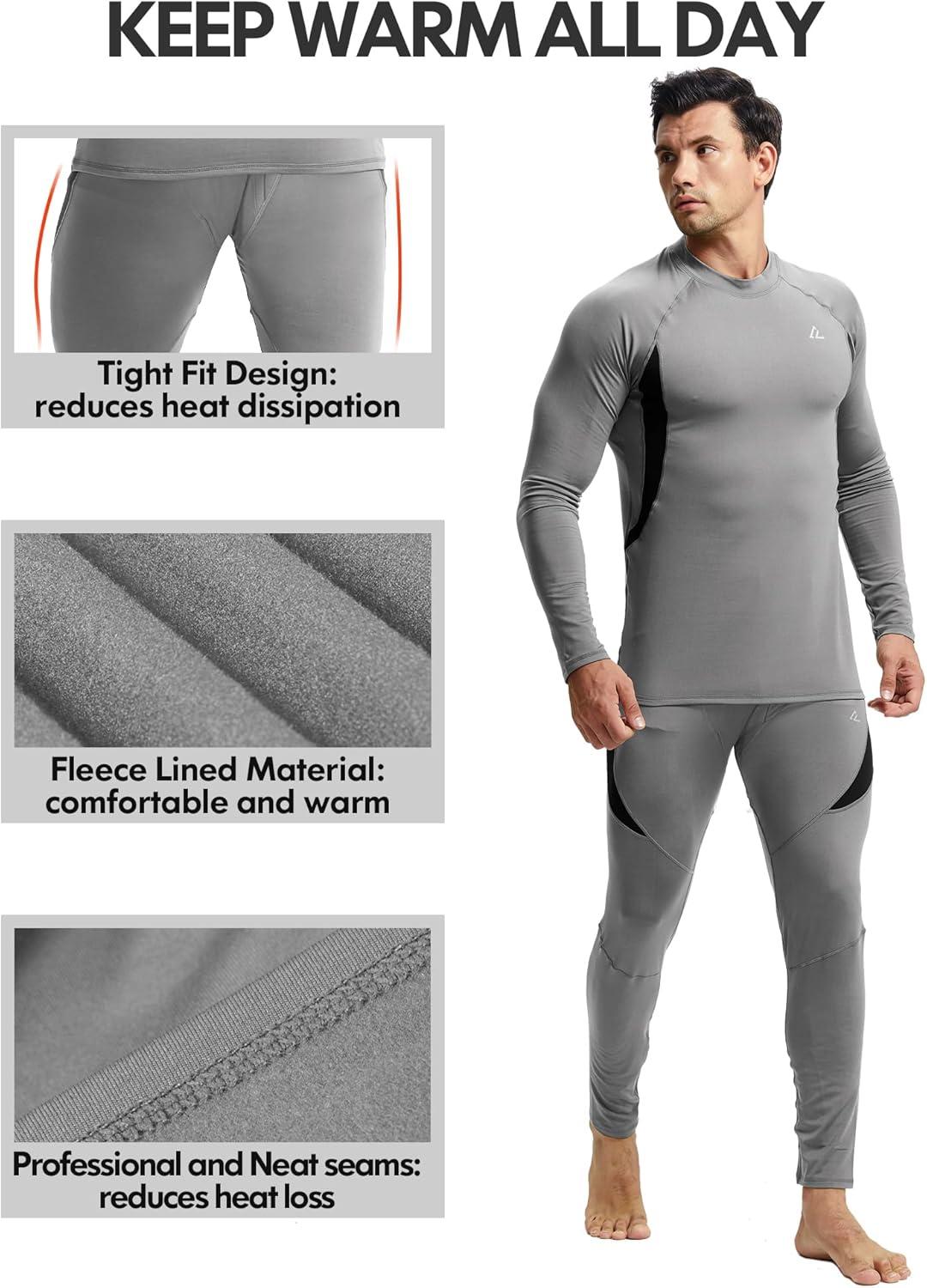 imageCL convallaria 2 Pack Mens Thermal Underwear Fleece Lined Long Johns Winter Base Layer Cold Weather Hunting GearBlack Greycrew Neck