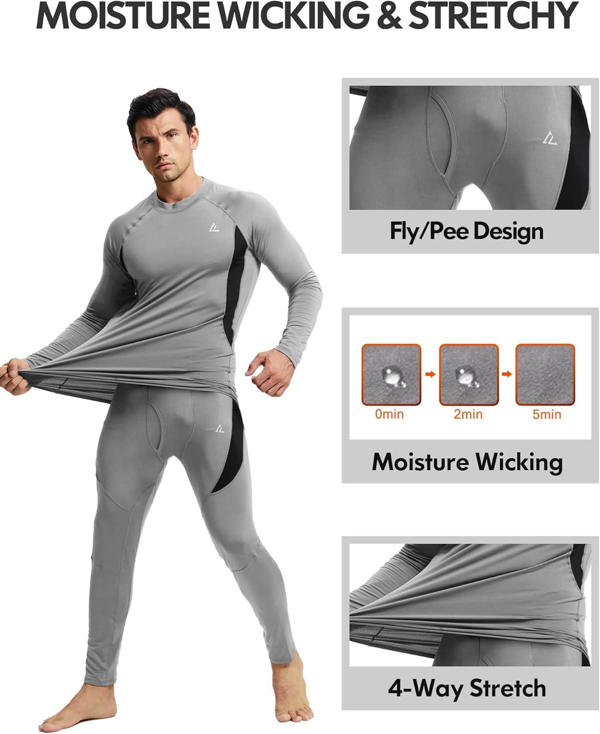 imageCL convallaria 2 Pack Mens Thermal Underwear Fleece Lined Long Johns Winter Base Layer Cold Weather Hunting GearBlack Greycrew Neck