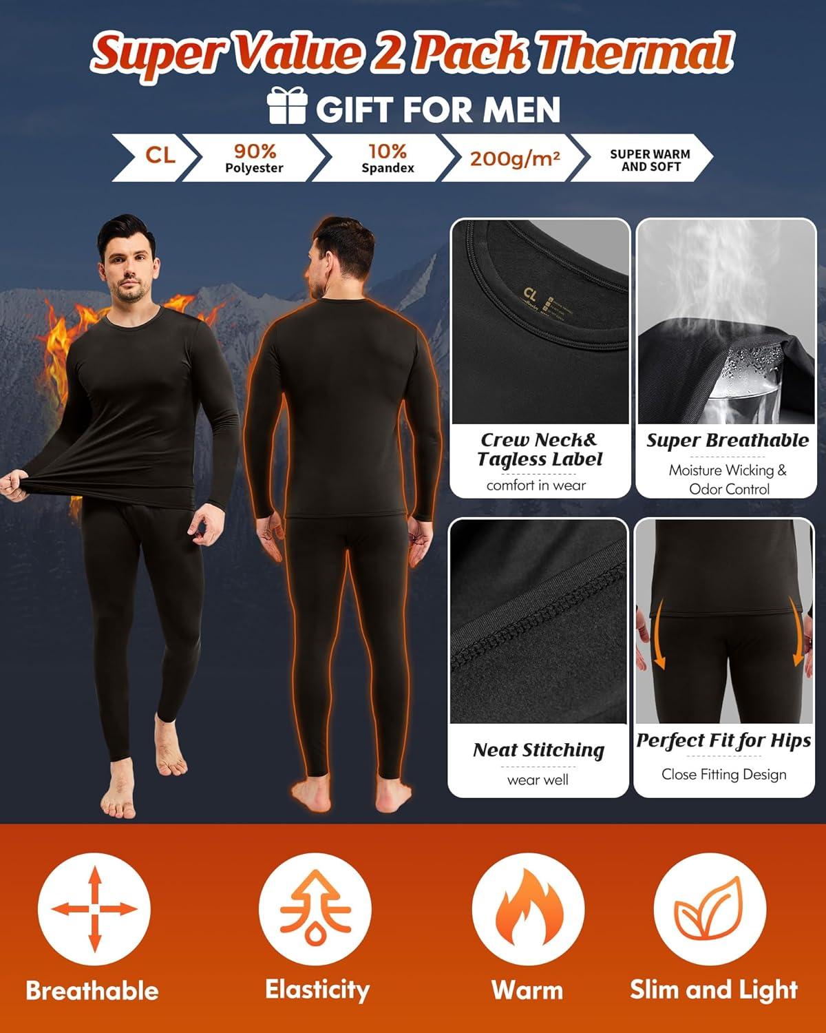 imageCL convallaria 2 Pack Thermal Underwear for Men Long Johns Fleece Lined Base Layer Set Winter Bottom Top 2XS6XLCrew NeckblackBlack