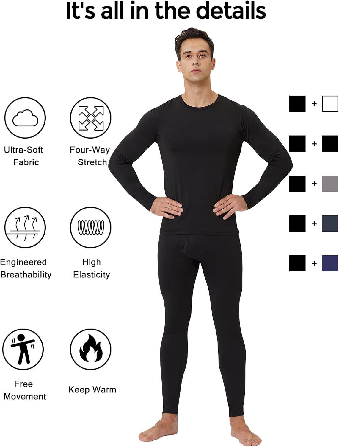 imageCL convallaria 2 Pack Thermal Underwear for Men Long Johns Fleece Lined Base Layer Set Winter Bottom Top 2XS6XLCrew NeckblackBlack