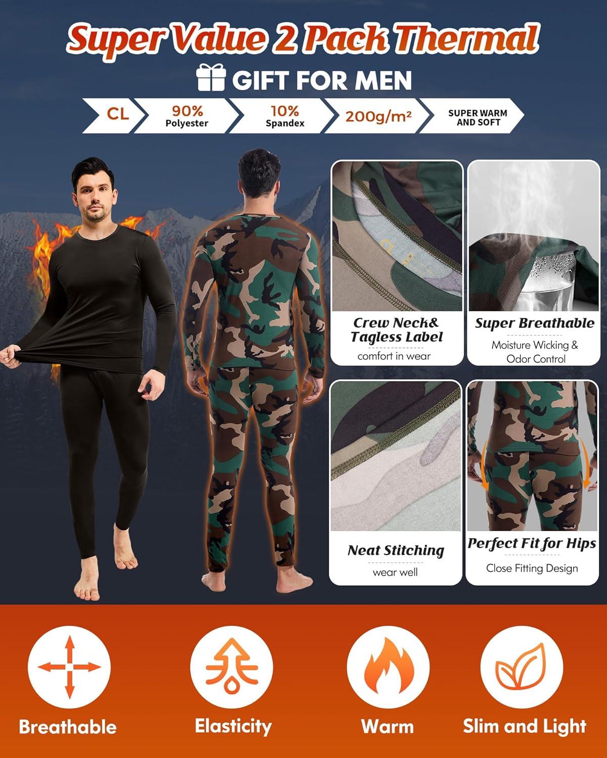 imageCL convallaria 2 Pack Thermal Underwear for Men Long Johns Fleece Lined Base Layer Set Winter Bottom Top 2XS6XLCrew NeckblackCamo