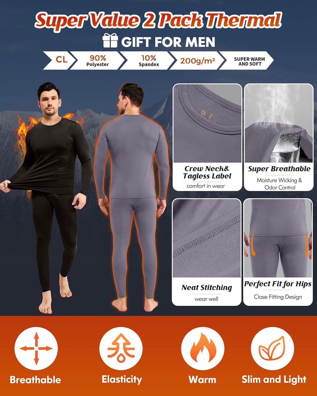 imageCL convallaria 2 Pack Thermal Underwear for Men Long Johns Fleece Lined Base Layer Set Winter Bottom Top 2XS6XLCrew NeckblackGrey