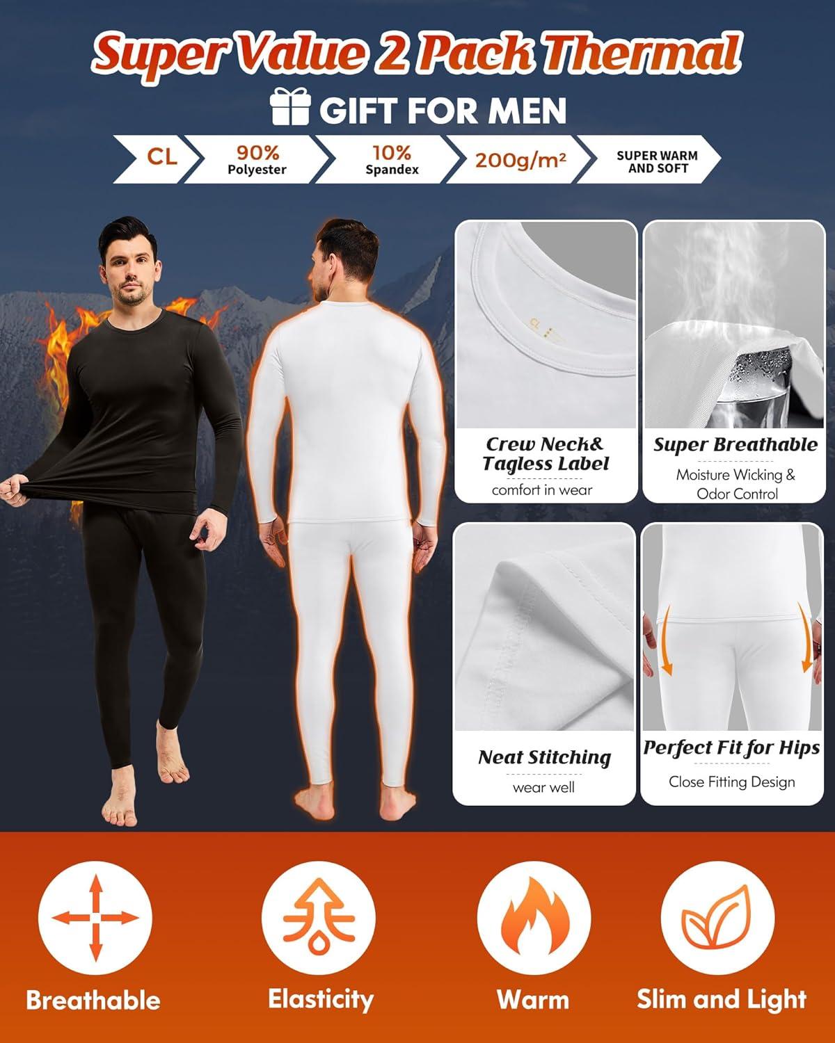 imageCL convallaria 2 Pack Thermal Underwear for Men Long Johns Fleece Lined Base Layer Set Winter Bottom Top 2XS6XLCrew NeckblackWhite