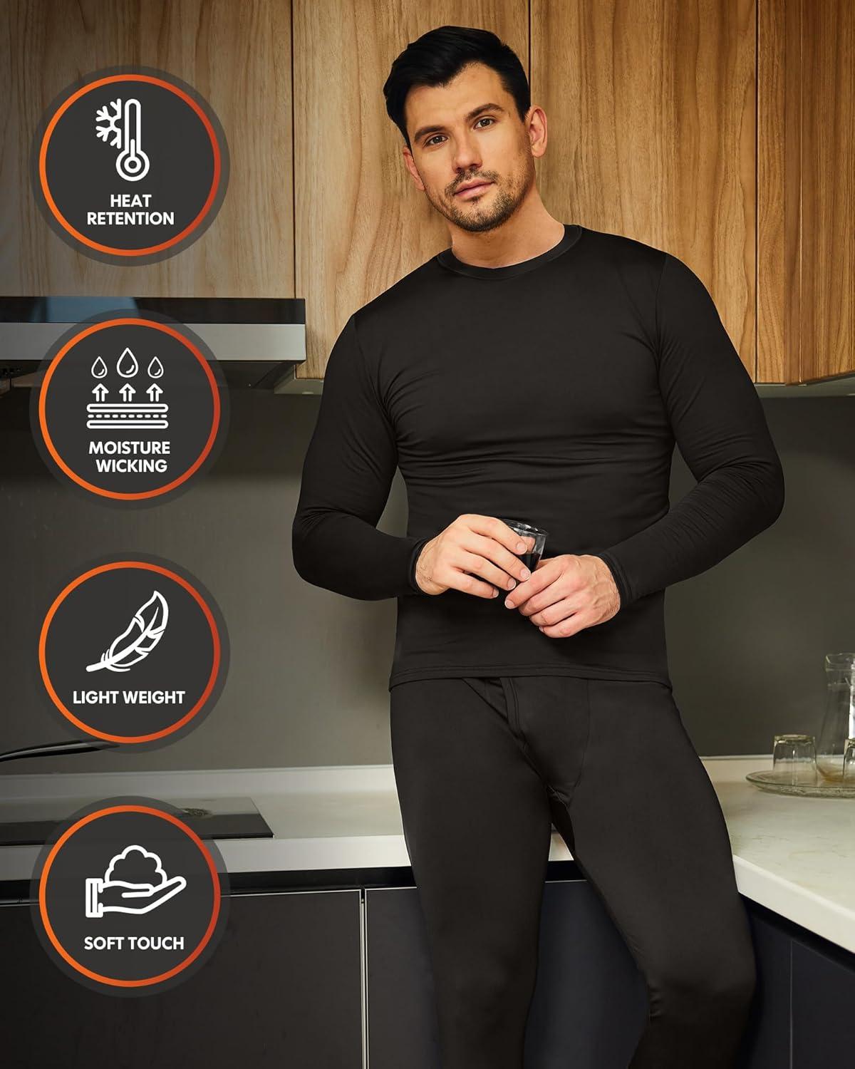 imageCL convallaria 2 Pack Thermal Underwear for Men Long Johns Fleece Lined Base Layer Set Winter Bottom Top 2XS6XLHeavyweightblackBlack