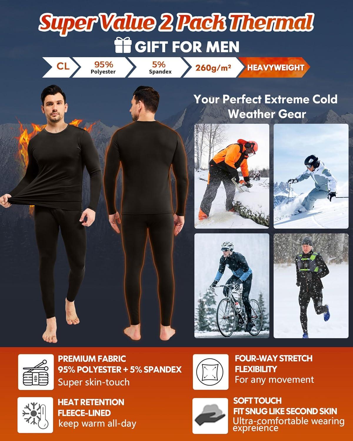 imageCL convallaria 2 Pack Thermal Underwear for Men Long Johns Fleece Lined Base Layer Set Winter Bottom Top 2XS6XLHeavyweightblackBlack