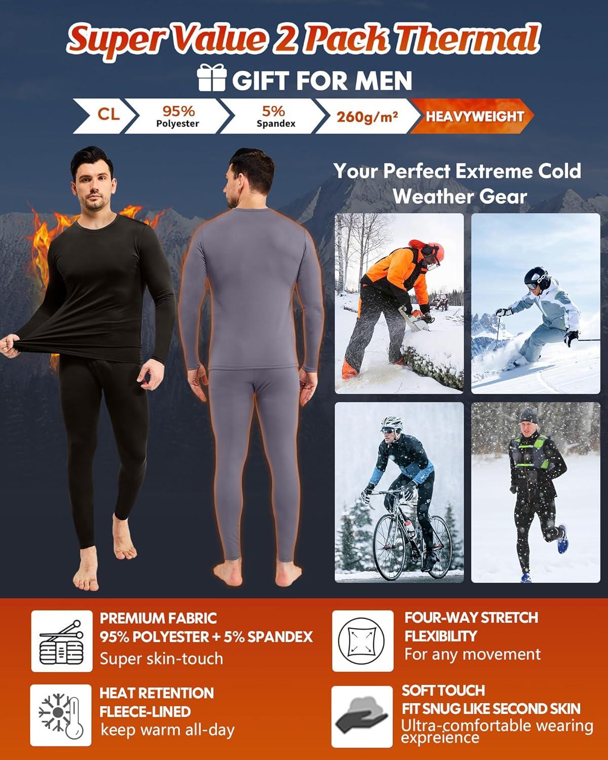 imageCL convallaria 2 Pack Thermal Underwear for Men Long Johns Fleece Lined Base Layer Set Winter Bottom Top 2XS6XLHeavyweightblackGrey