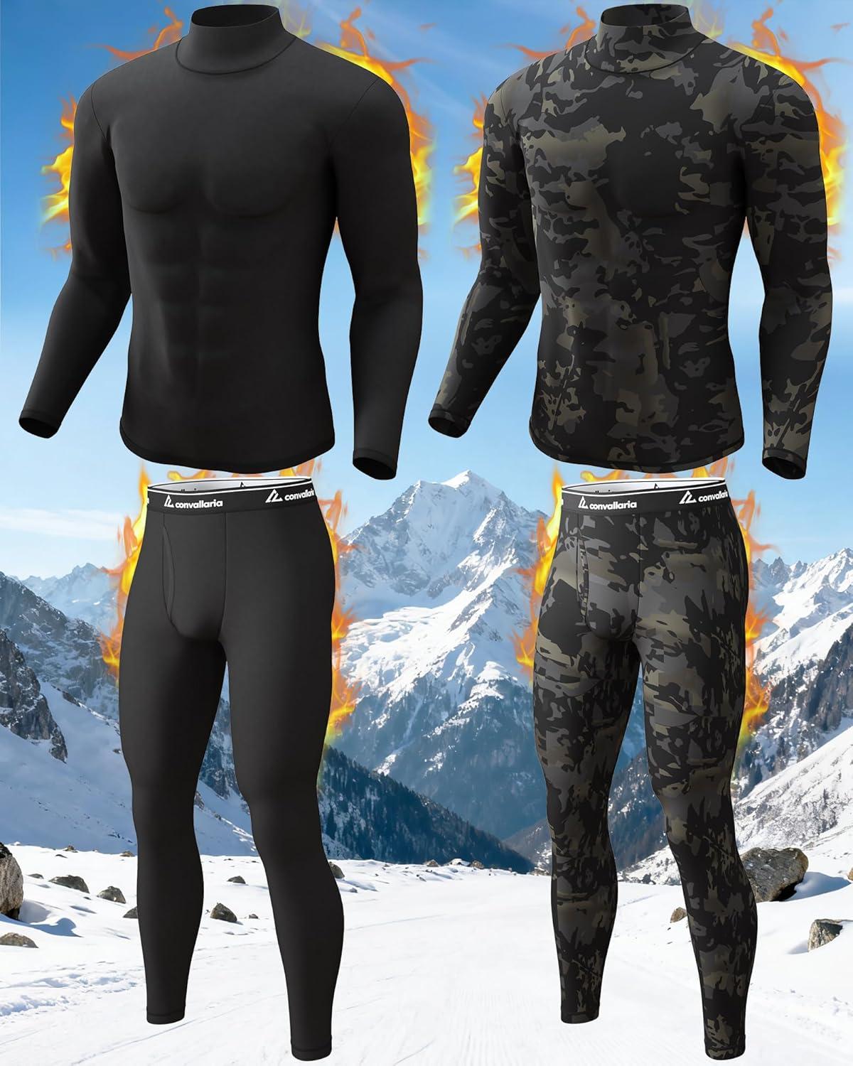 imageCL convallaria 2 Pack Thermal Underwear for Men Long Johns Fleece Lined Base Layer Set Winter Bottom Top 2XS6XLTurtle NeckblackCamo Black