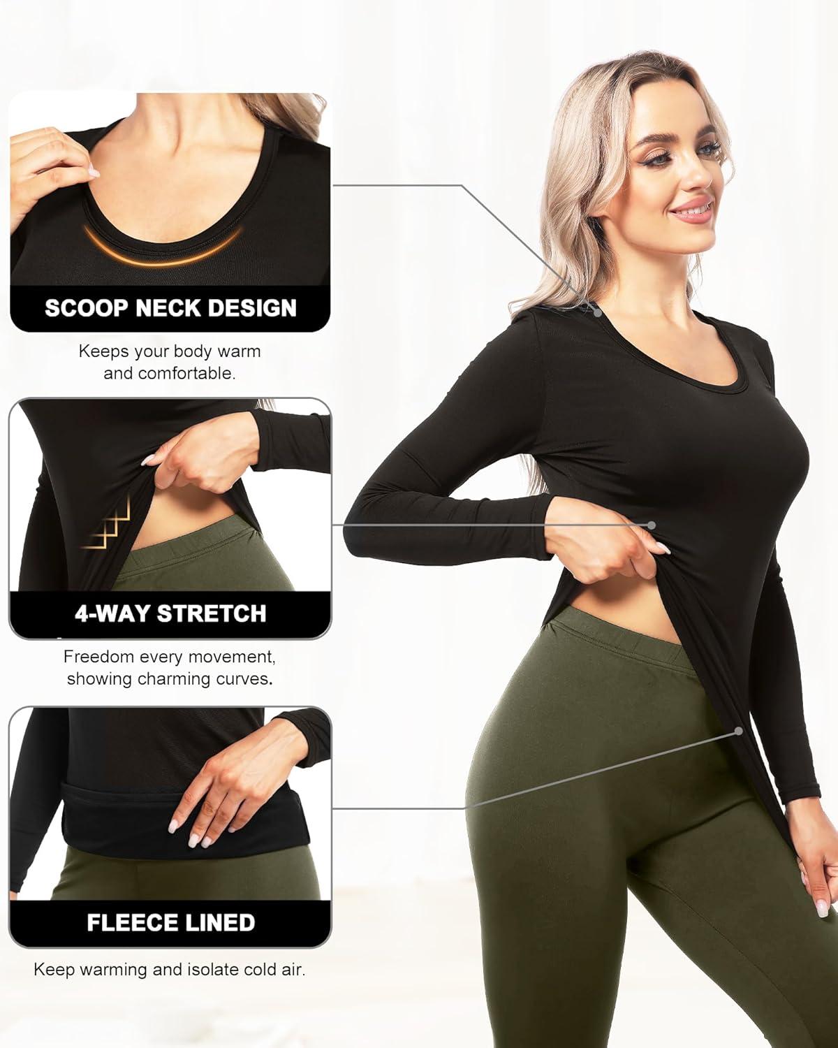 imageCL convallaria Turtleneck Thermal Underwear Shirts Women Fleece Lined Base Layer Tops Long Sleeve 2 4 PackScoop Neckblack Black