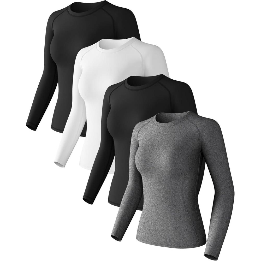 image4 Pack Womens Long Sleeve Compression Shirts Athletic with TShirts Workout Tops for Gym Yoga Running2blackwhiteheather Ligth Gray