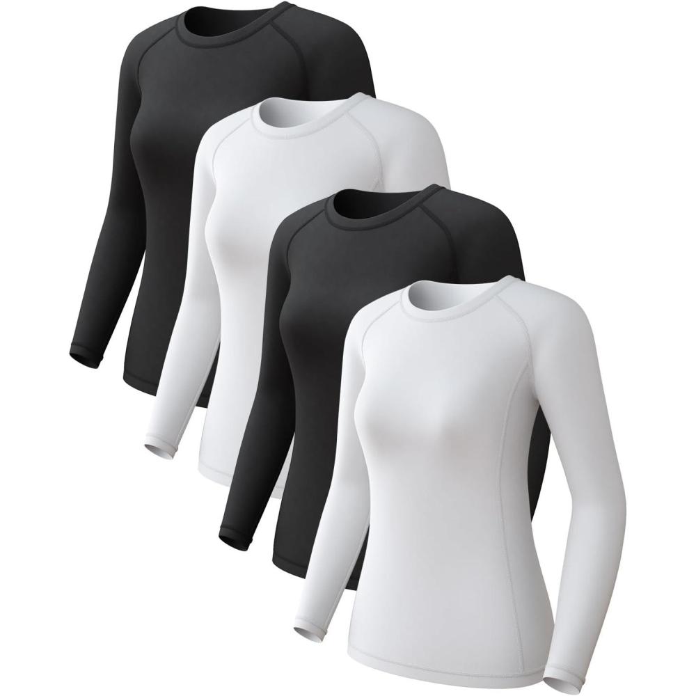 image4 Pack Womens Long Sleeve Compression Shirts Dry Fit Workout Athletic Sun Protection Cooling Tops for Yoga Running Gym2 Black2 Whitea