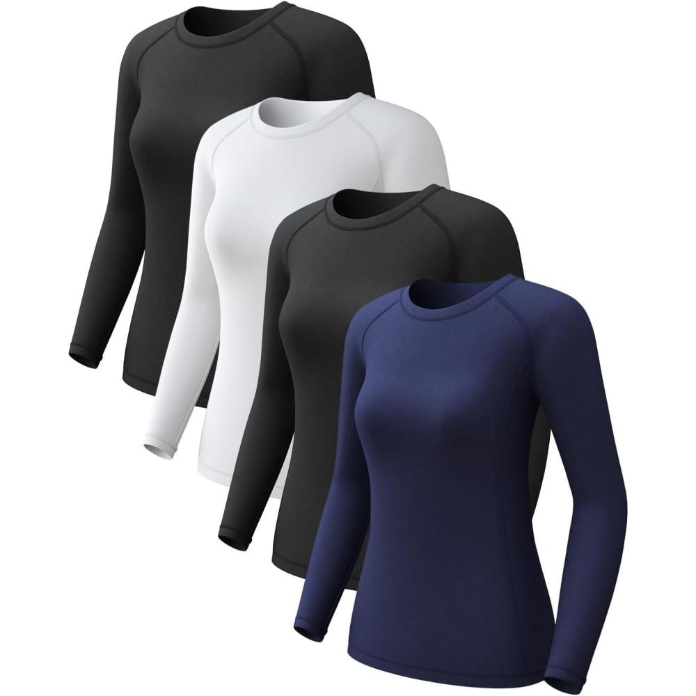 image4 Pack Womens Long Sleeve Compression Shirts Dry Fit Workout Athletic Sun Protection Cooling Tops for Yoga Running Gym2 BlackWhiteBlue