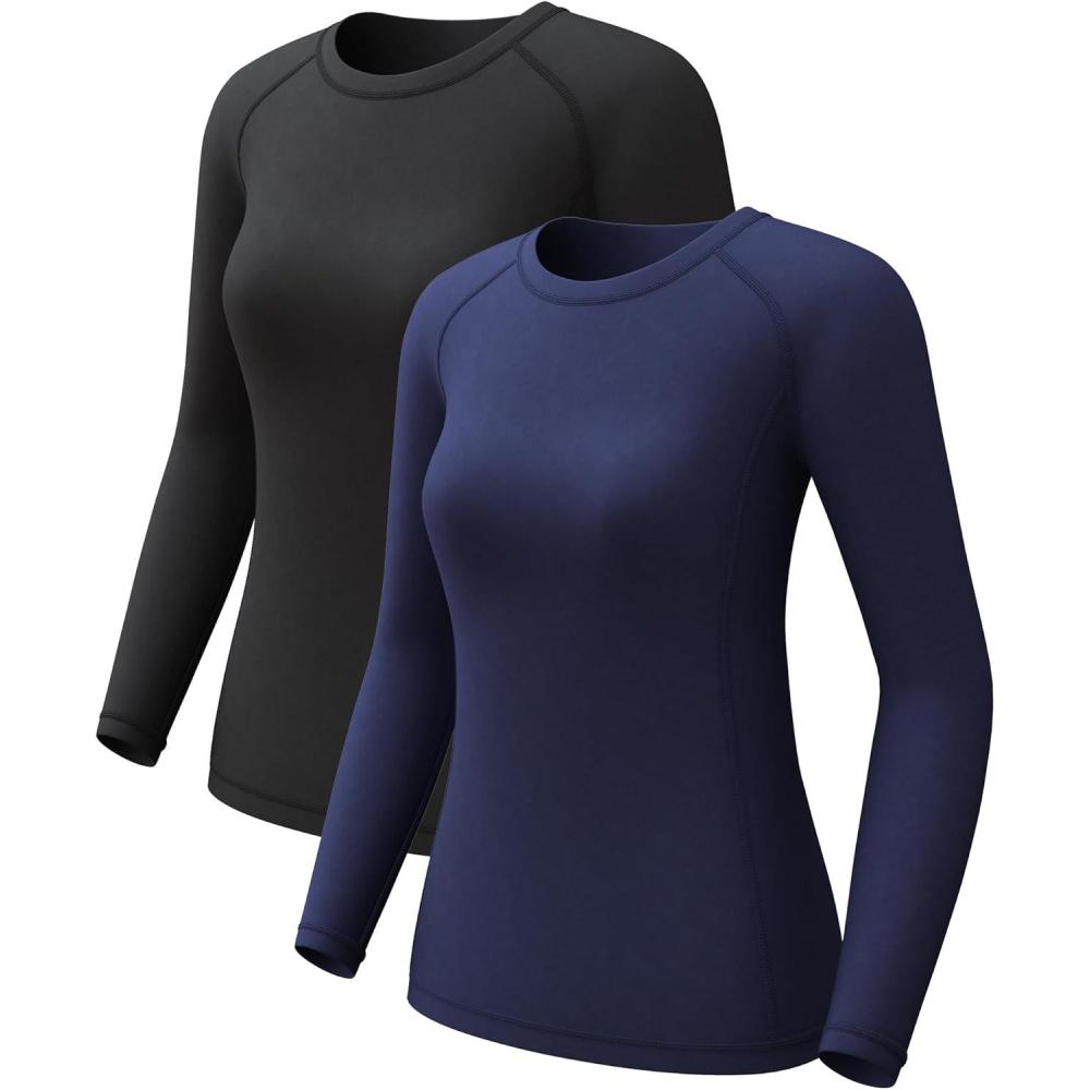 image4 Pack Womens Long Sleeve Compression Shirts Dry Fit Workout Athletic Sun Protection Cooling Tops for Yoga Running Gym2pcblackblue
