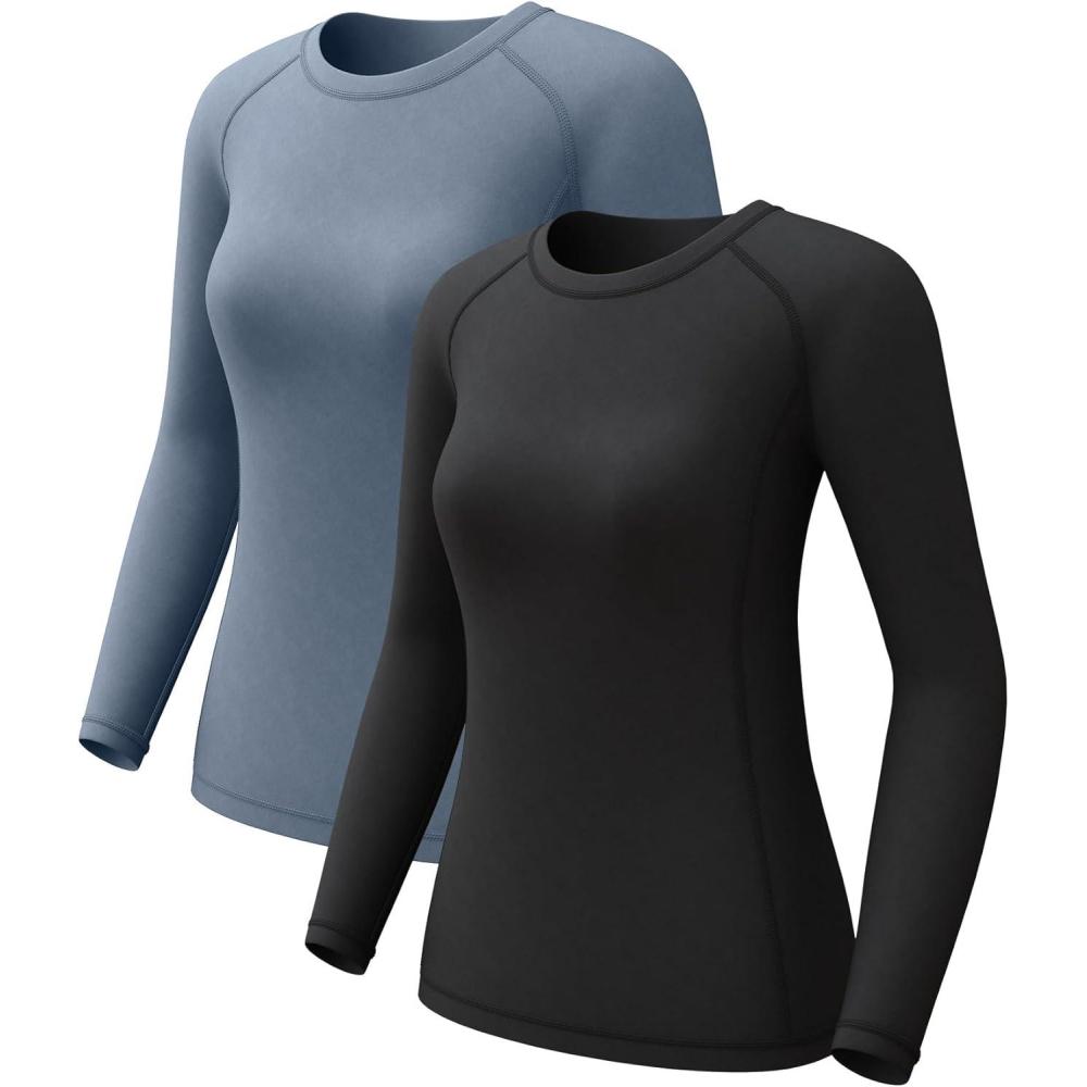 image4 Pack Womens Long Sleeve Compression Shirts Dry Fit Workout Athletic Sun Protection Cooling Tops for Yoga Running GymBblackHaze Blue