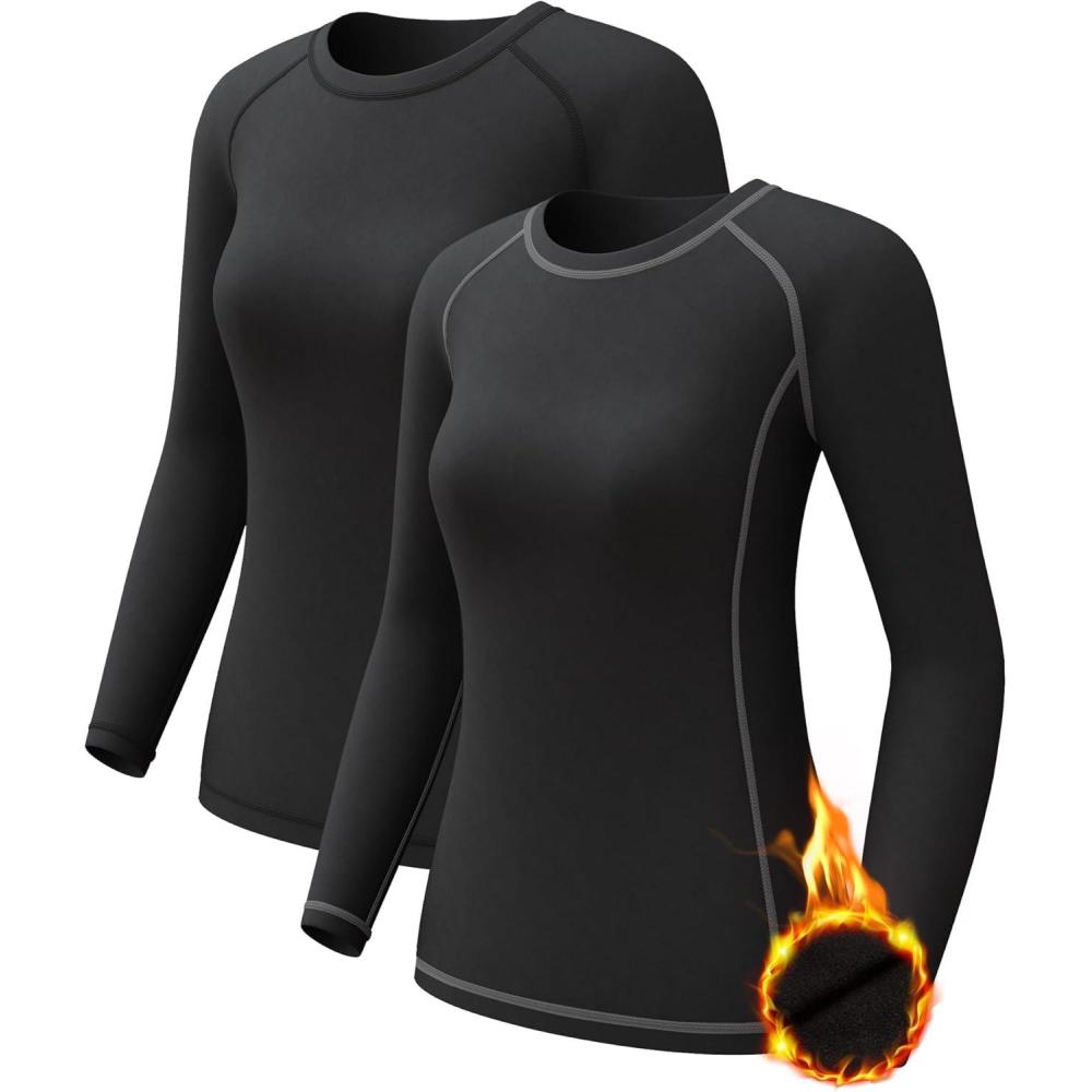 image4 Pack Womens Long Sleeve Compression Shirts Dry Fit Workout Athletic Sun Protection Cooling Tops for Yoga Running GymBlack Blackwhite