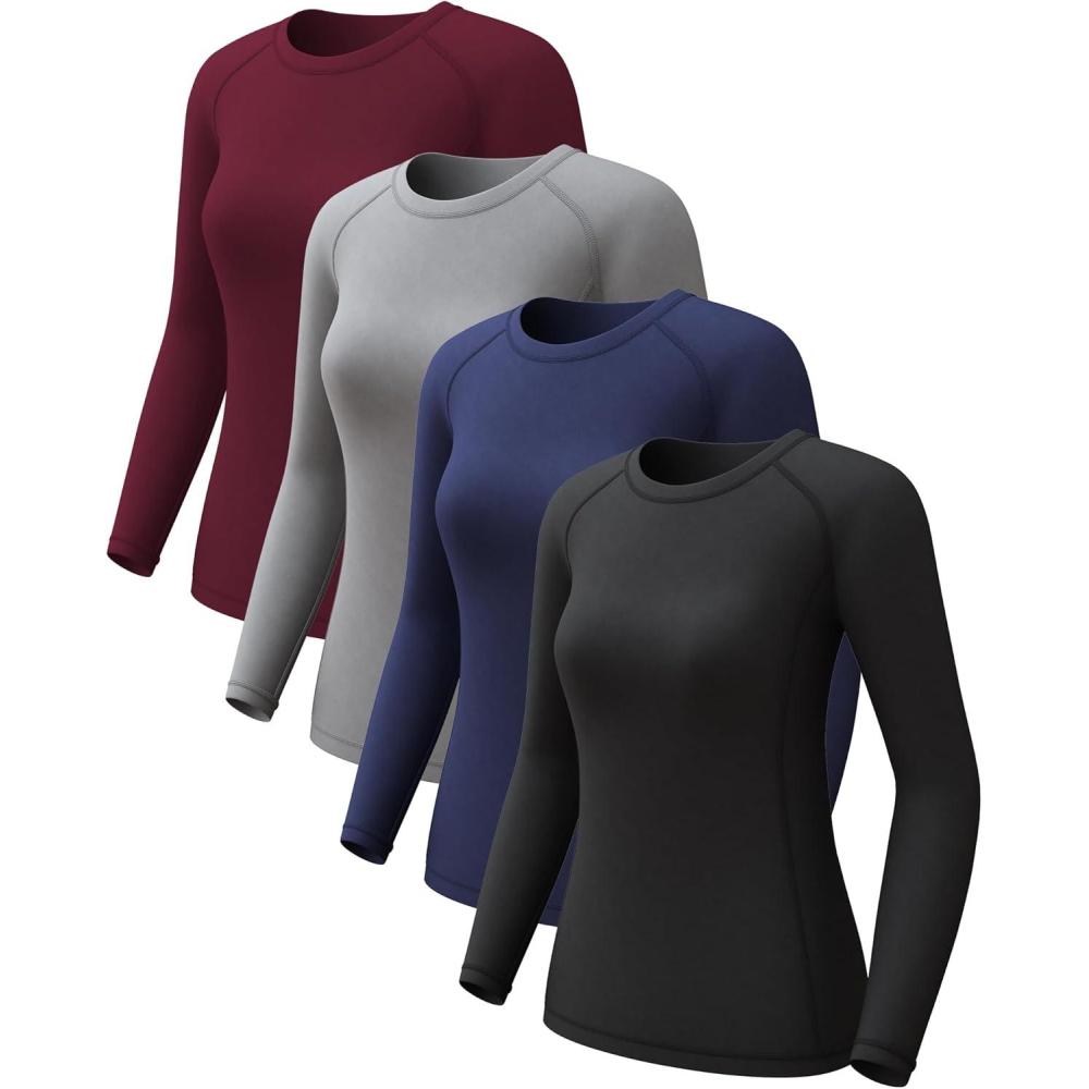 image4 Pack Womens Long Sleeve Compression Shirts Dry Fit Workout Athletic Sun Protection Cooling Tops for Yoga Running GymBlackBlueGreyWine Red