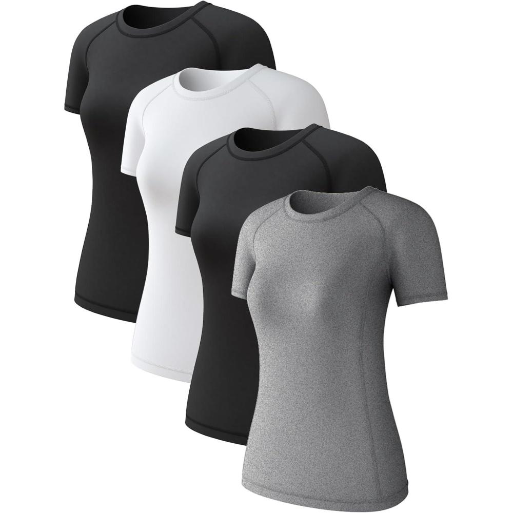 image4 Pack Womens Long Sleeve Compression Shirts Dry Fit Workout Athletic Sun Protection Cooling Tops for Yoga Running GymBlackWhiteBlackHeather Light Gray