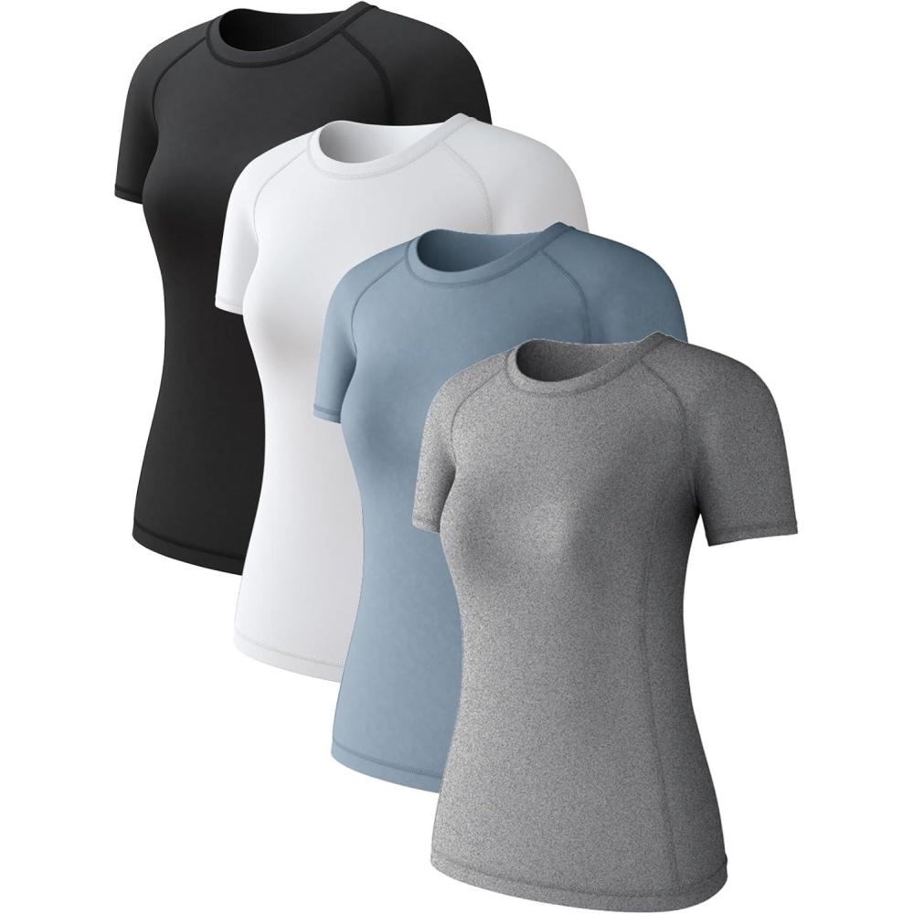 image4 Pack Womens Long Sleeve Compression Shirts Dry Fit Workout Athletic Sun Protection Cooling Tops for Yoga Running GymBlackWhiteHaze BlueHeather Light Gray