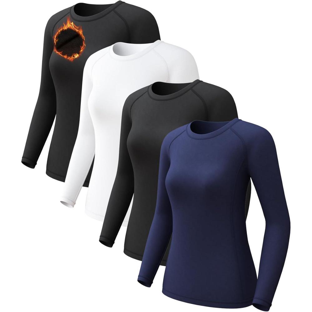 image4 Pack Womens Long Sleeve Compression Shirts Dry Fit Workout Athletic Sun Protection Cooling Tops for Yoga Running GymT2 BlackWhiteBlue
