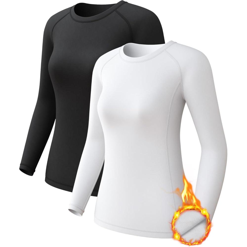 image4 Pack Womens Long Sleeve Compression Shirts Dry Fit Workout Athletic Sun Protection Cooling Tops for Yoga Running GymTblackWhite