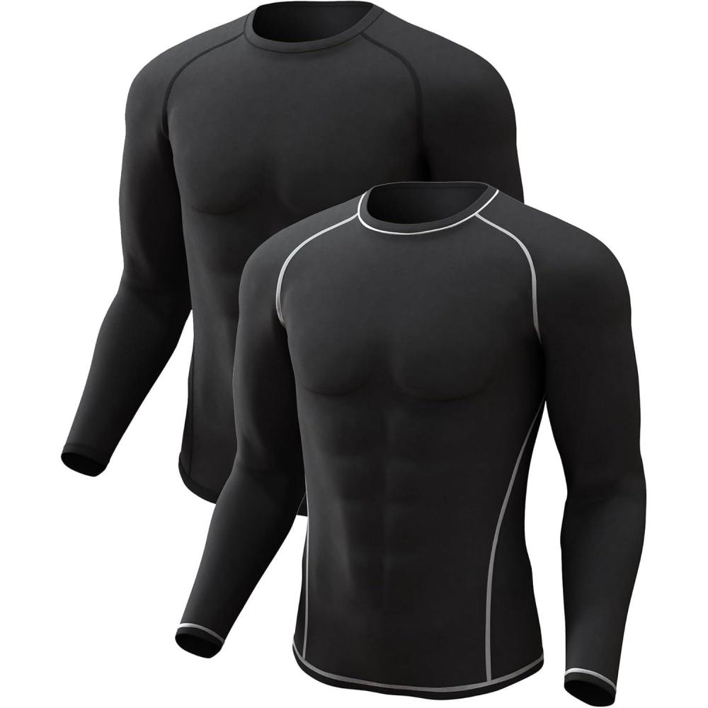 image4 or 2 Pack Mens Thermal Shirt Long Sleeve Fleece Lined Tops Base Layer Compression Undershirt Athletic Sport GearCrew NeckblackBlackwhite