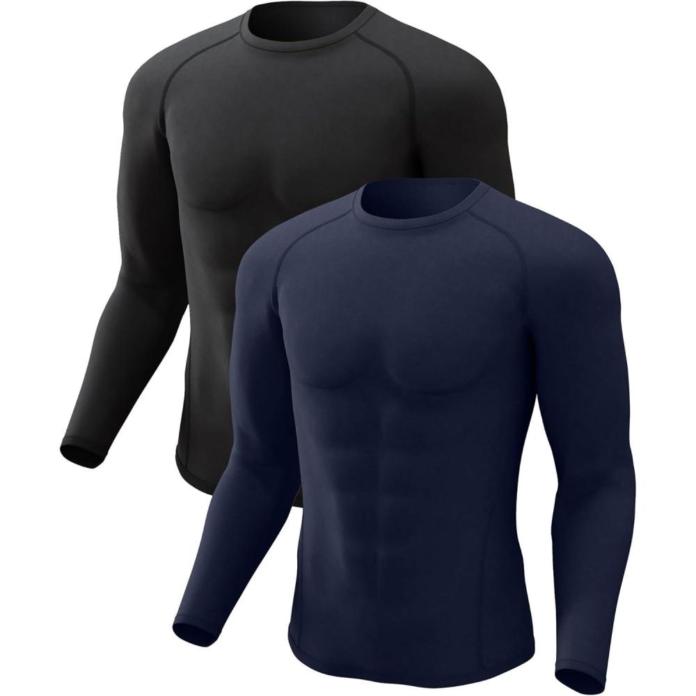 image4 or 2 Pack Mens Thermal Shirt Long Sleeve Fleece Lined Tops Base Layer Compression Undershirt Athletic Sport GearCrew NeckblackBlue