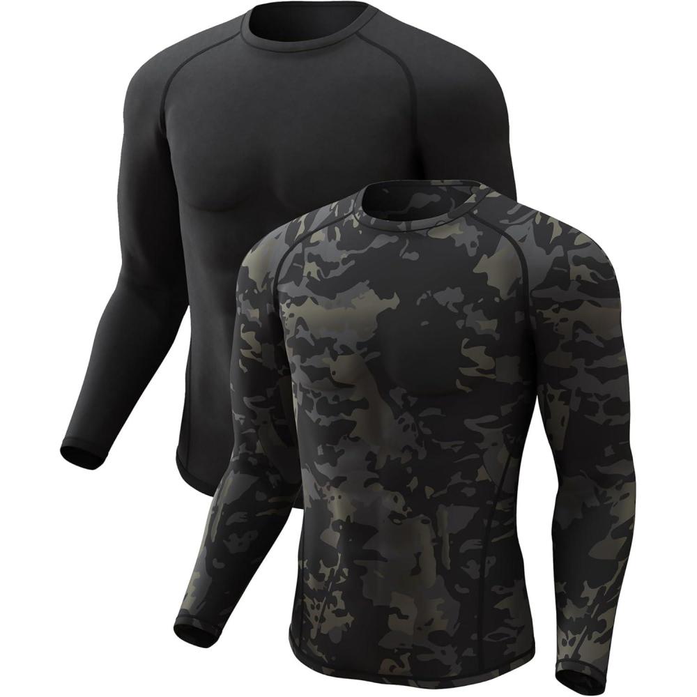 image4 or 2 Pack Mens Thermal Shirt Long Sleeve Fleece Lined Tops Base Layer Compression Undershirt Athletic Sport GearCrew NeckblackCamo Black