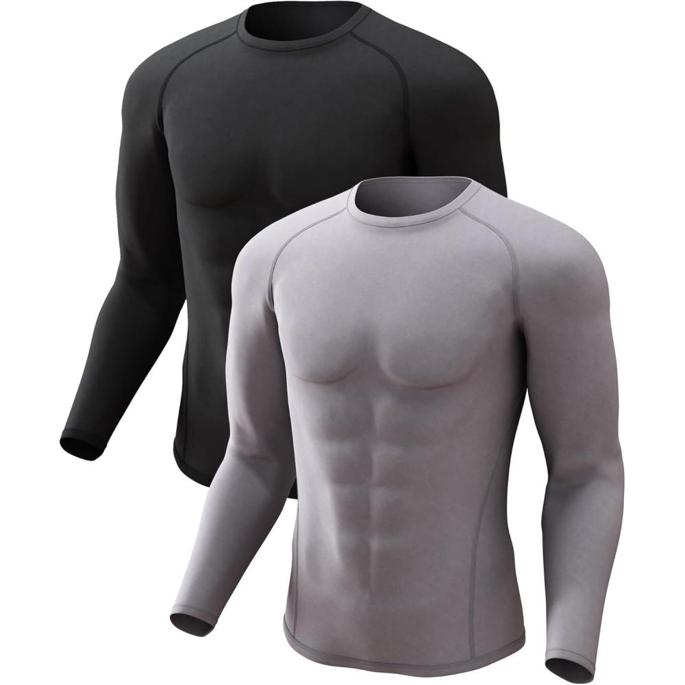 image4 or 2 Pack Mens Thermal Shirt Long Sleeve Fleece Lined Tops Base Layer Compression Undershirt Athletic Sport GearCrew NeckblackGrey