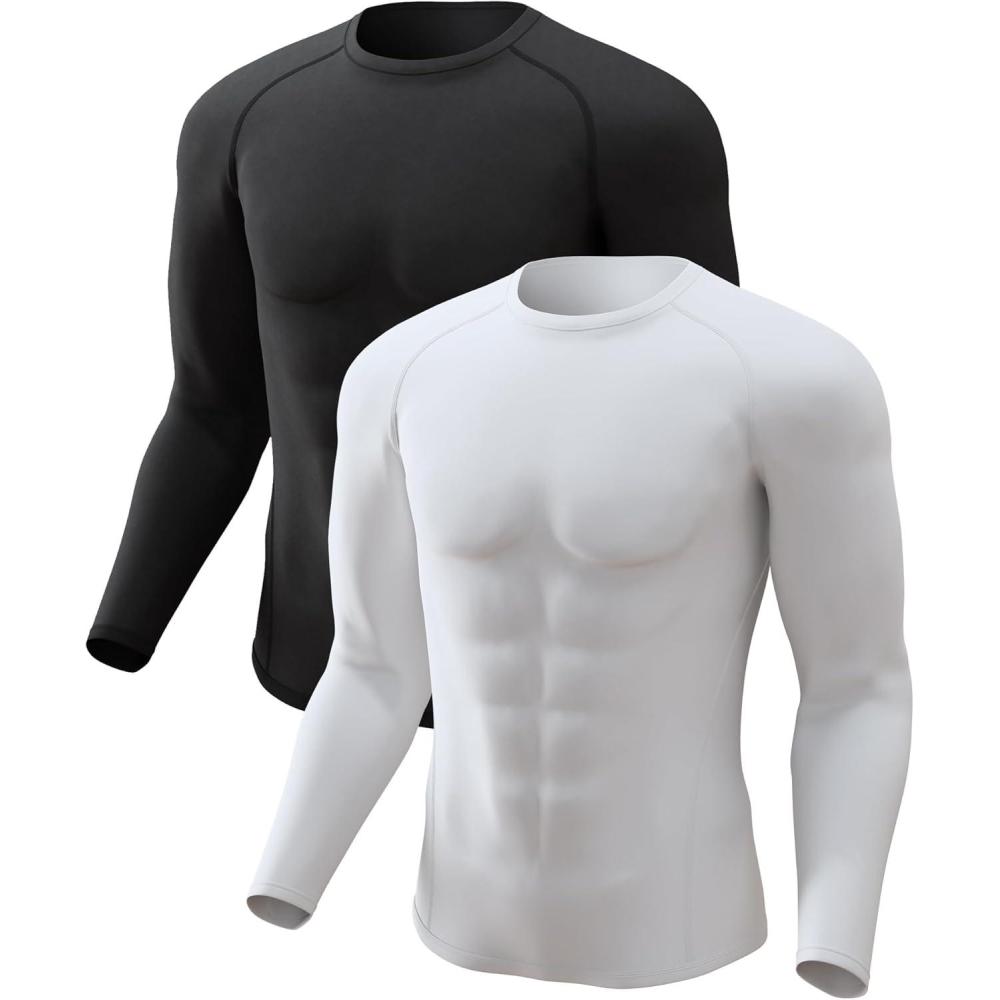 image4 or 2 Pack Mens Thermal Shirt Long Sleeve Fleece Lined Tops Base Layer Compression Undershirt Athletic Sport GearCrew NeckblackWhite