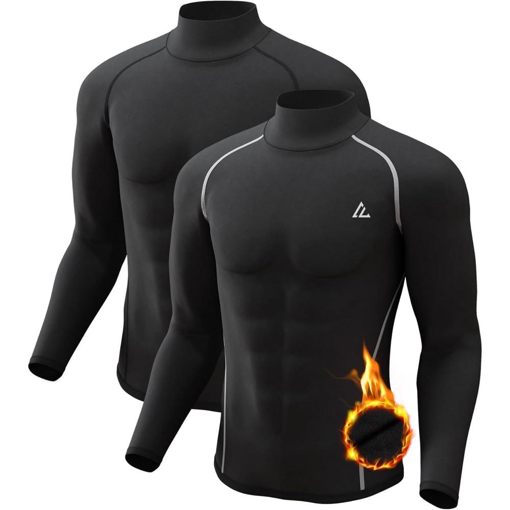 image4 or 2 Pack Mens Thermal Shirt Long Sleeve Fleece Lined Tops Base Layer Compression Undershirt Athletic Sport GearTurtle NeckblackBlackwhite