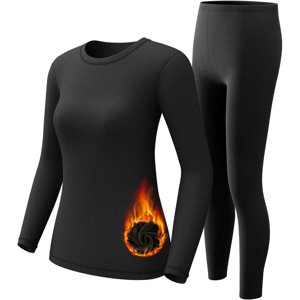 imageCL convallaira Women Thermal Underwear Base Layer Long Johns with Fleece Lined Set Winter Warm Top BottomCrew Neckbblack