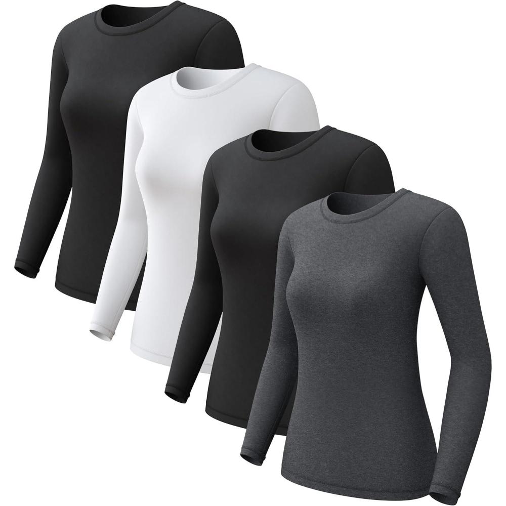 imageCL convallaria 1 2 4 Pack Womens Thermal Underwear Tops Women Fleece Lined Long Sleeve Baselayer Shirt for Winter2 BlackWhiteHeather Ligth Gray