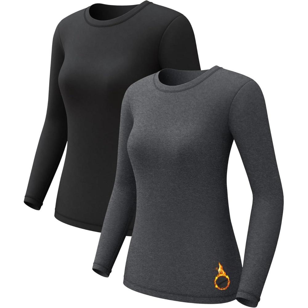 imageCL convallaria 1 2 4 Pack Womens Thermal Underwear Tops Women Fleece Lined Long Sleeve Baselayer Shirt for WinterBlack Heather Ligth Gray