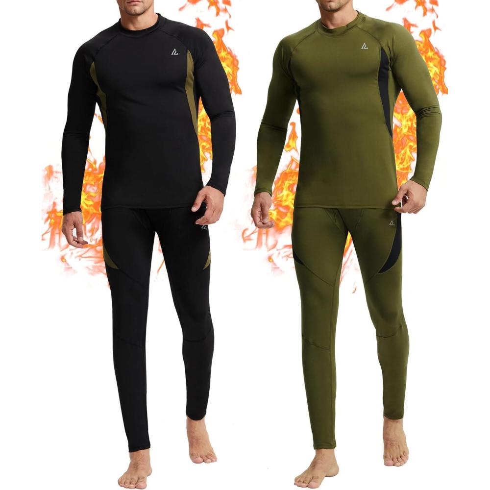 imageCL convallaria 2 Pack Mens Thermal Underwear Fleece Lined Long Johns Winter Base Layer Cold Weather Hunting GearBlack  Army Greencrew Neck