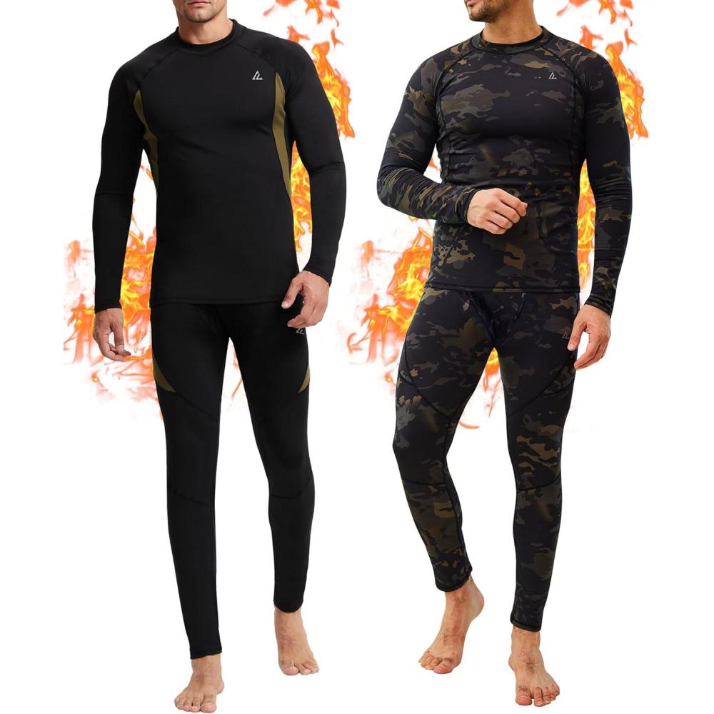 imageCL convallaria 2 Pack Mens Thermal Underwear Fleece Lined Long Johns Winter Base Layer Cold Weather Hunting GearBlack  Camo Blackcrew Neck