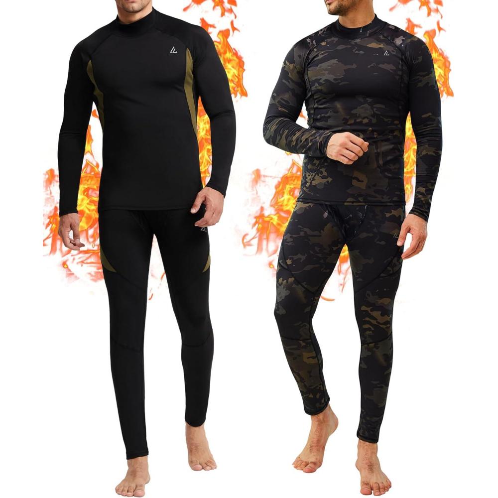 imageCL convallaria 2 Pack Mens Thermal Underwear Fleece Lined Long Johns Winter Base Layer Cold Weather Hunting GearBlack  Camo Blackturtle Neck