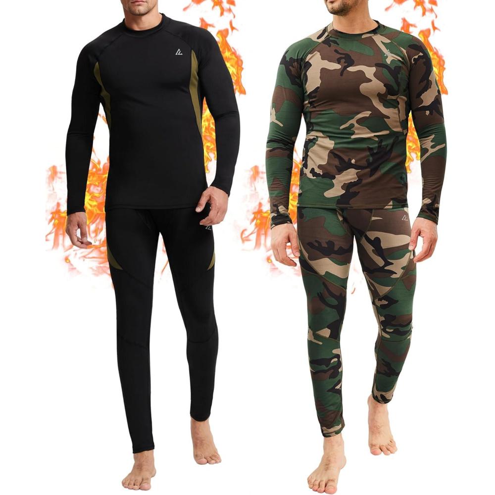 imageCL convallaria 2 Pack Mens Thermal Underwear Fleece Lined Long Johns Winter Base Layer Cold Weather Hunting GearBlack  Camo Greencrew Neck