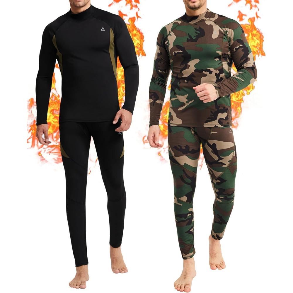 imageCL convallaria 2 Pack Mens Thermal Underwear Fleece Lined Long Johns Winter Base Layer Cold Weather Hunting GearBlack  Camo Greenturtle Neck